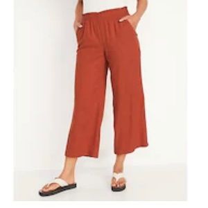 NWT Old Navy High-Waisted Lettuce Edge Linen-Blend Culotte Pants, Fired Clay, M
